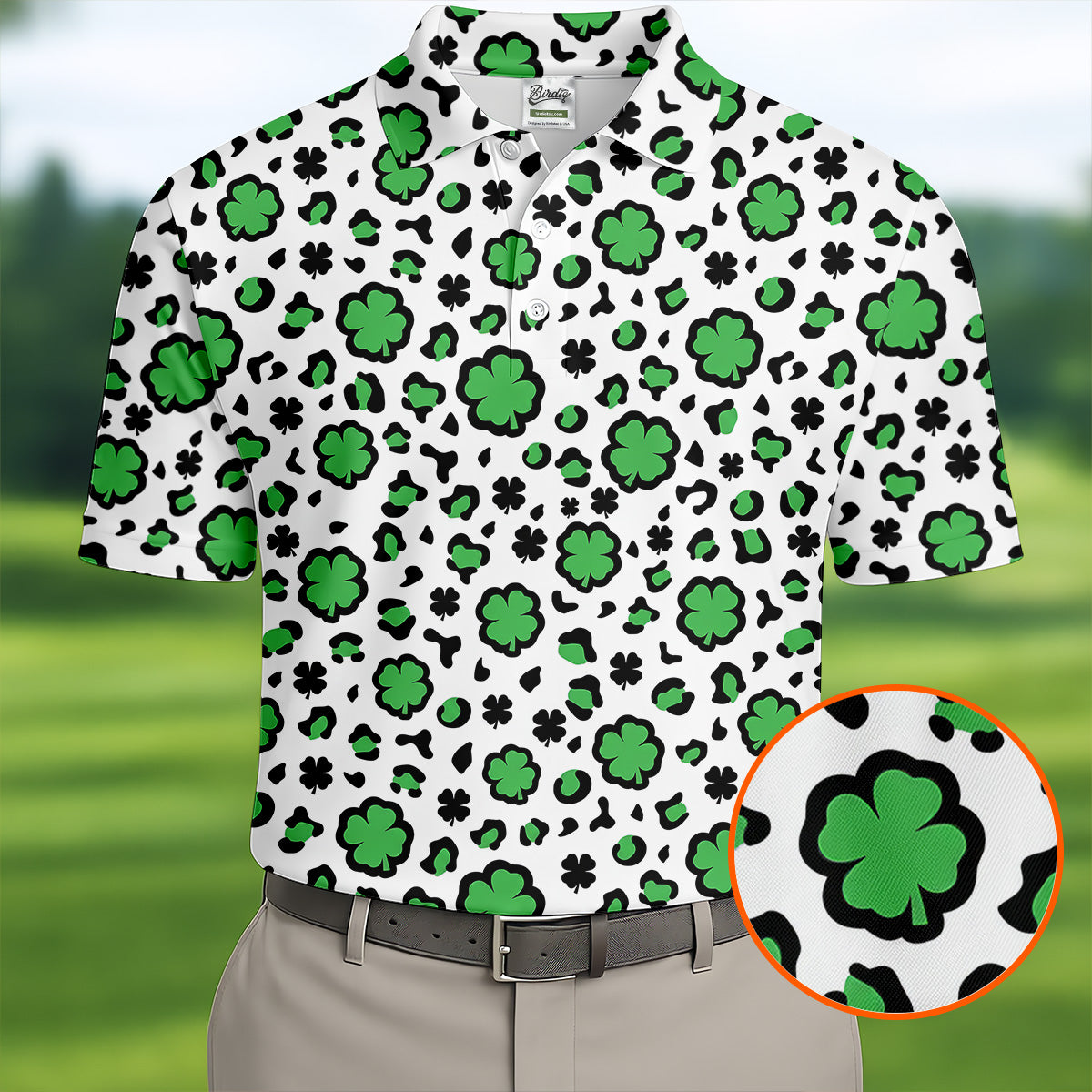 Lucky Four Leaf Clover Leopard Pattern St Patrick's Day Golf Shirt, Polo Shirts For Men, Golf Shirts For Men