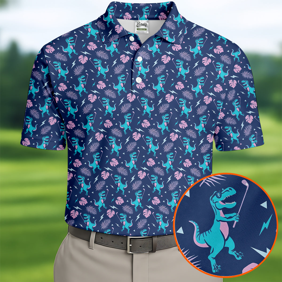 Funny Dinosaur Golfer Tropical Pattern Polo Shirt, Mens Golf Polo, Printed Golf Shirts