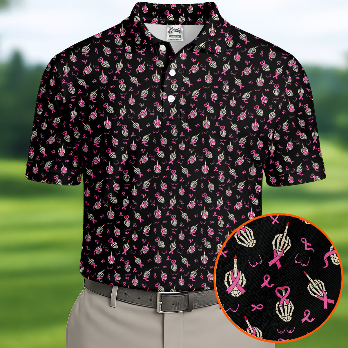 Skeleton Middle Finger Breast Cancer Polo Shirt, Polo Shirts For Men, Mens Golf Apparel