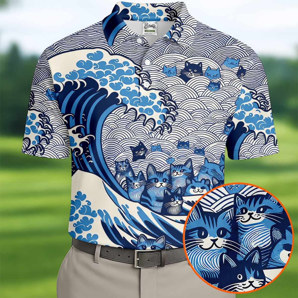 Japanese Wave Cat Hawaiian Golf Shirt, Golf Shirts For Men, Mens Golf Apparel