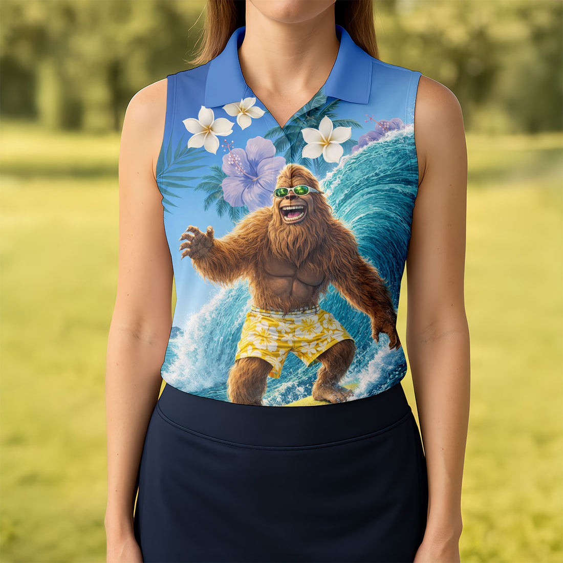 Surfing Bigfoot Riding Ocean Waves Hawaiian Golf Polo, Golf Tops For Women, Golfing Apparel