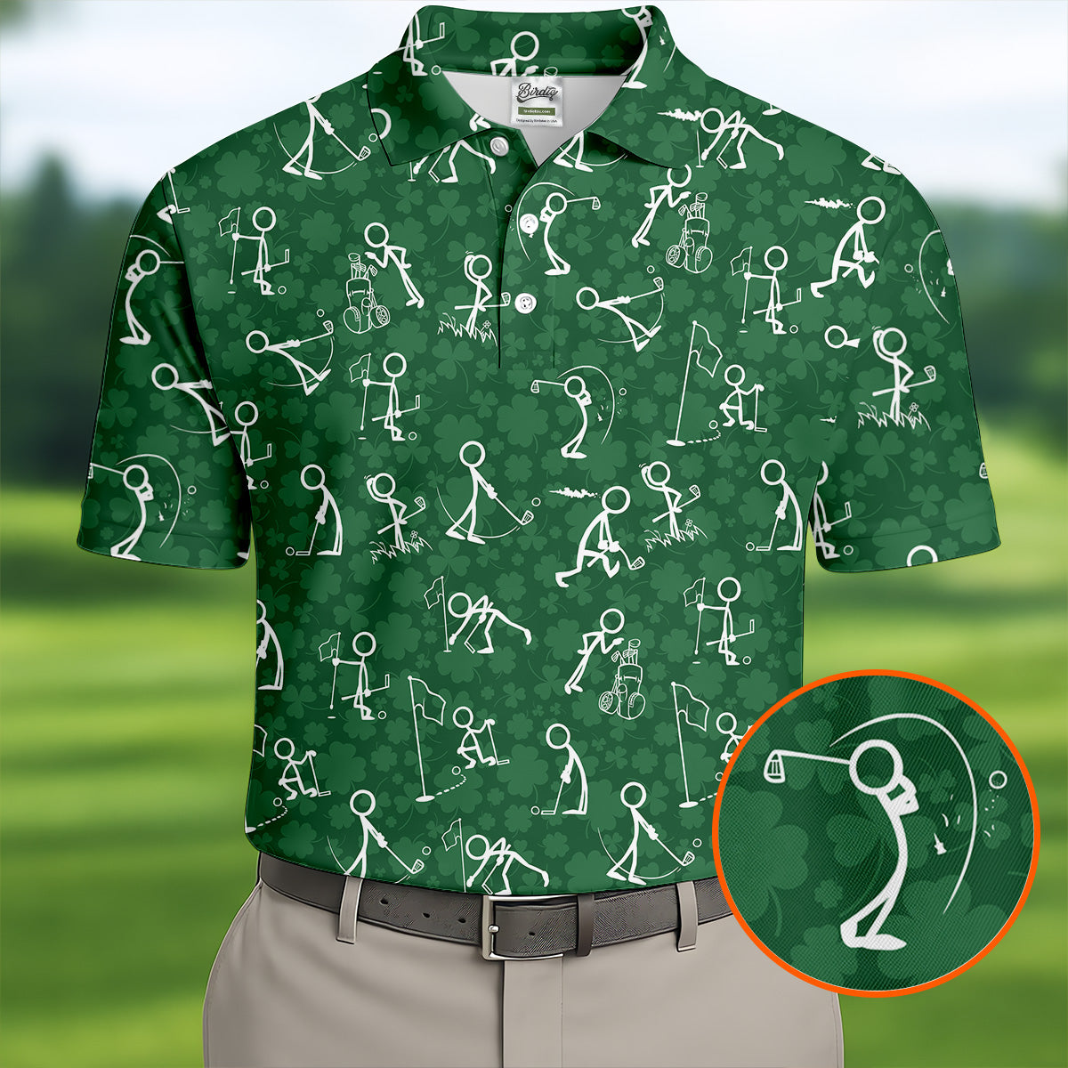 Stick Figure Golf Pose Shamrock Golf Shirt, St Patrick's Day Golf Tops For Men, Polo Shirts For Men