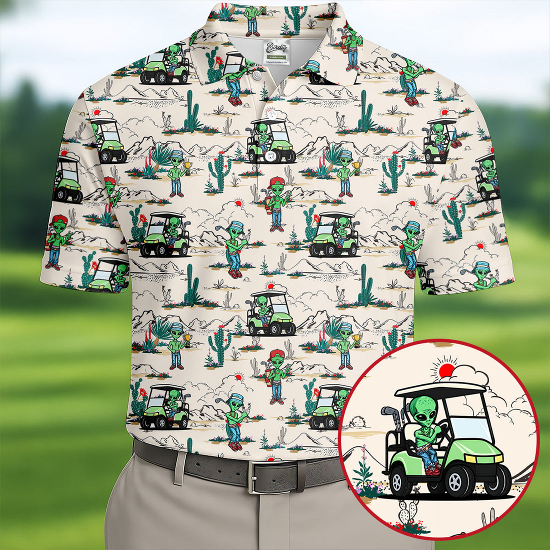Beige Alien Desert Golf Pattern Golf Polo Shirt, Golf Polo Shirts For Men, Hawaiian Golf Shirt