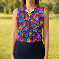 Psychedelic Cat Golf Shirt, Colorful Neon Cat Pattern, Polo Shirts For Women