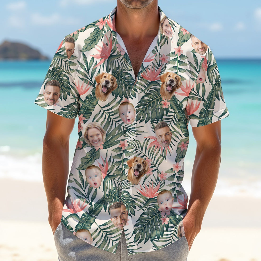 Tropical Floral Pattern Custom Hawaiian Shirts With Face, Men Polo Shirt, Long Sleeve Golf Shirts