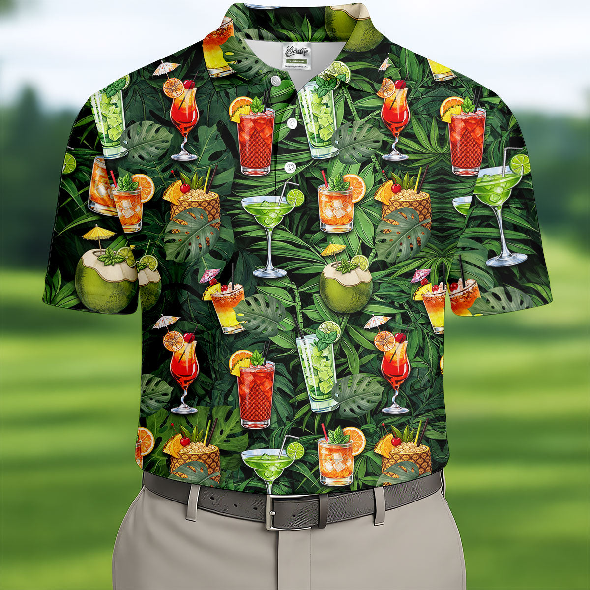 Tropical Cocktail Coconut And Palm Leaf Golf Polo, Hawaiian Golf Shirt, Mens Golf Apparel