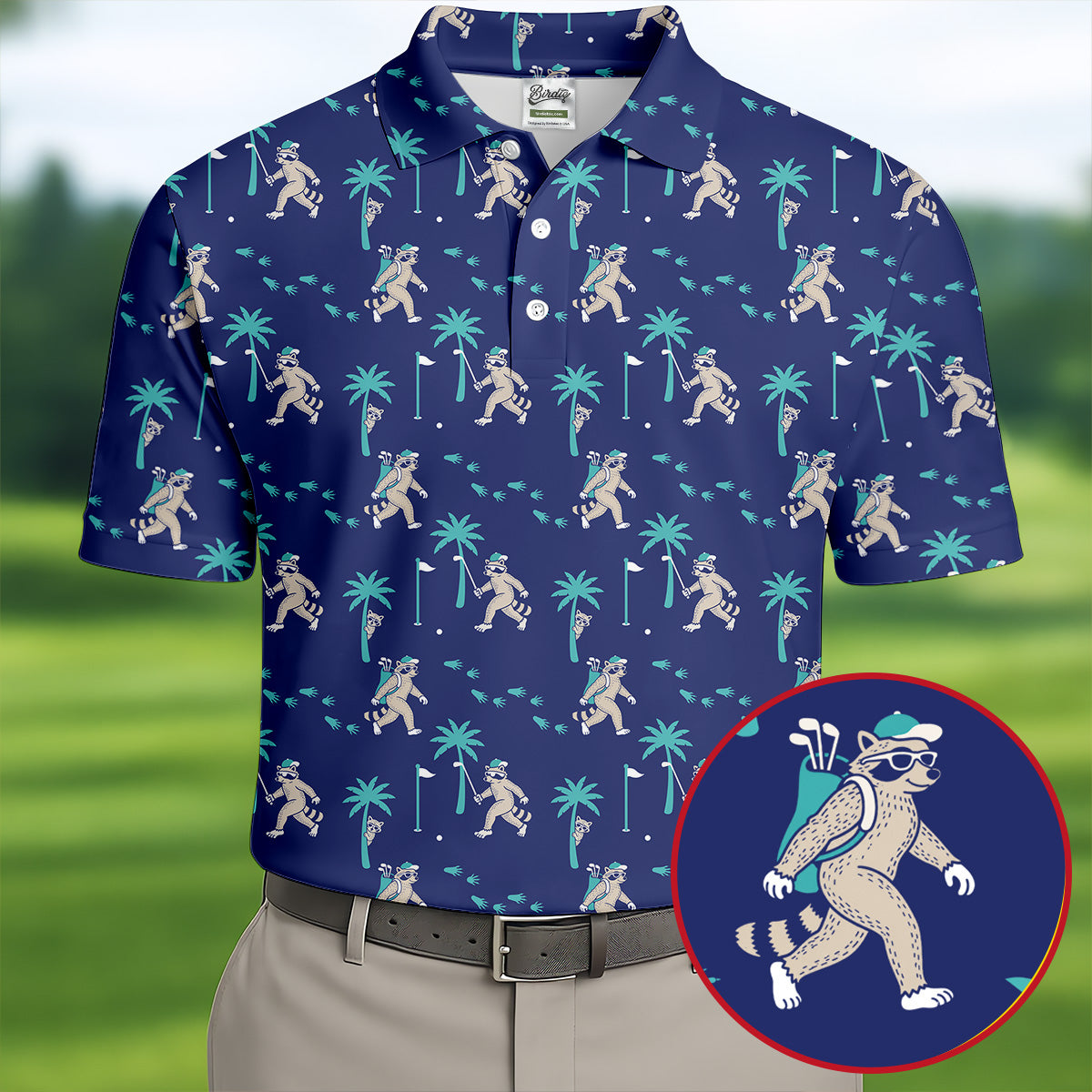 Funny Raccoon Tropical Golf Pattern Polo Shirt, Men's Golf Shirt, Golf Apparel For Men
