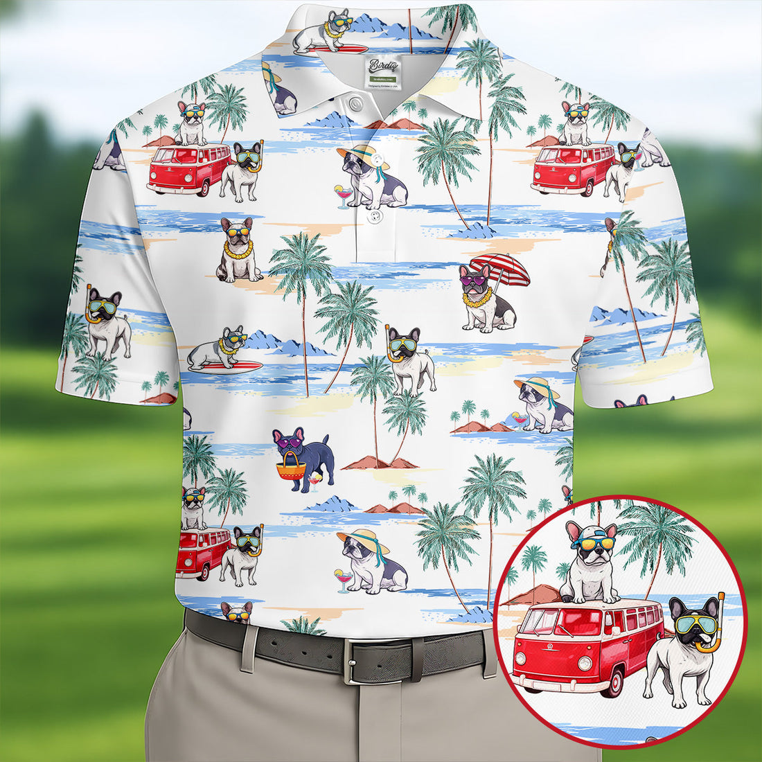 French Bulldog Beach Vacation Hawaiian Golf Polo Shirt, Mens Golf Shirts, Golf Apparel For Men