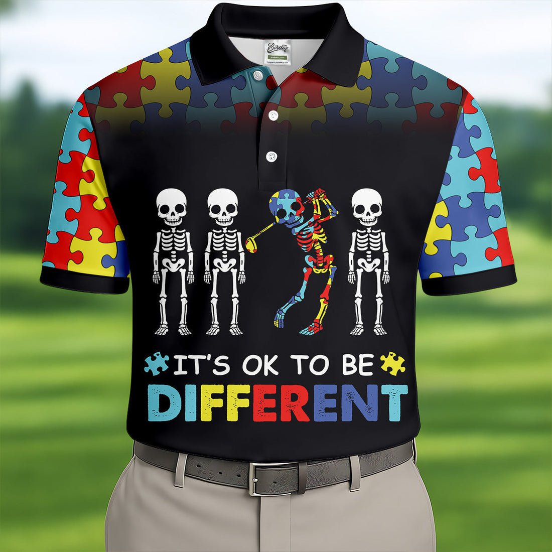 It's Ok To Be Different Men Polo Shirt, Autism Awareness Puzzle Pattern Black Fade Golf Shirts For Men, Autism Golf Shirt