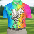 Windy Skeleton Ghost Golf Polo Shirt, Halloween Shirts For Men, Golf Polo Shirts For Men