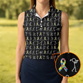Stick Figure Golf Pose Autism Ribbon Black Golf Shirt, Autism Awareness Colors Ladies Golf Polos