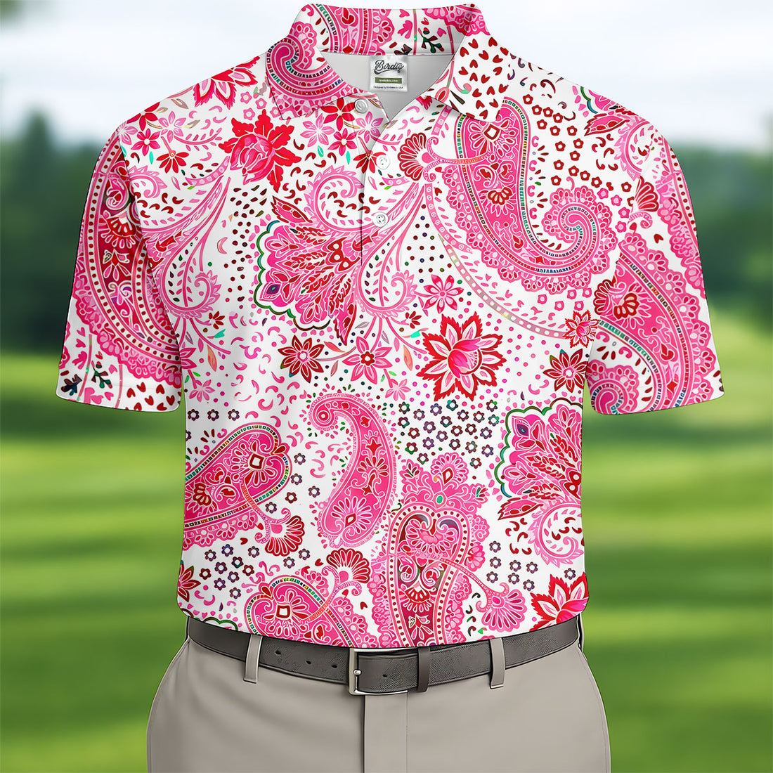 Pink Paisley Floral Pattern Golf Shirt, Mens Golf Shirts, Hawaiian Golf Shirt, Golf Apparel For Men