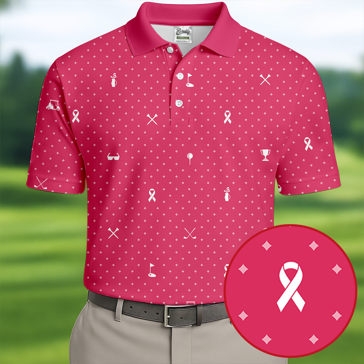 Pink Ribbon Golf Pattern Breast Cancer Polo Shirt, Golf Shirts For Men, Mens Golf Apparel