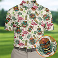 Tiki Masks, Flamingo and Island Paradise Pattern Design Hawaiian Golf Polo, Golf Tops For Men, Golfing Apparel