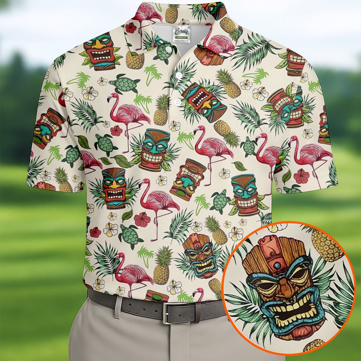 Tiki Masks, Flamingo and Island Paradise Pattern Design Hawaiian Golf Polo, Golf Tops For Men, Golfing Apparel