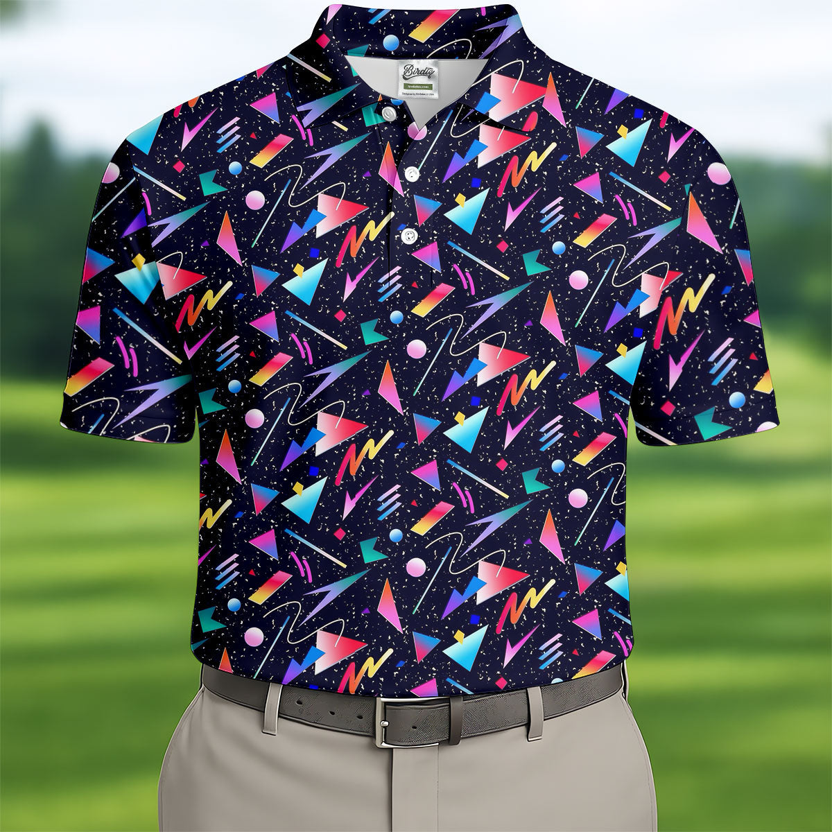 Retro Memphis Geometric Pattern Golf Polo Shirt, Men's Golf Polo, Golf Polo Shirts For Men