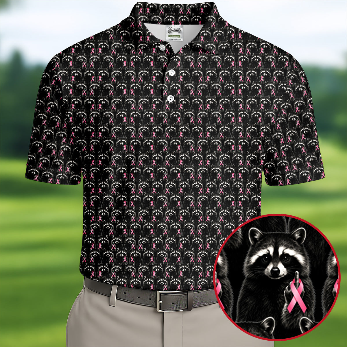 Funny Raccoon Middle Finger Breast Cancer Polo Shirt, Mens Golf Shirts, Mens Polo Shirts