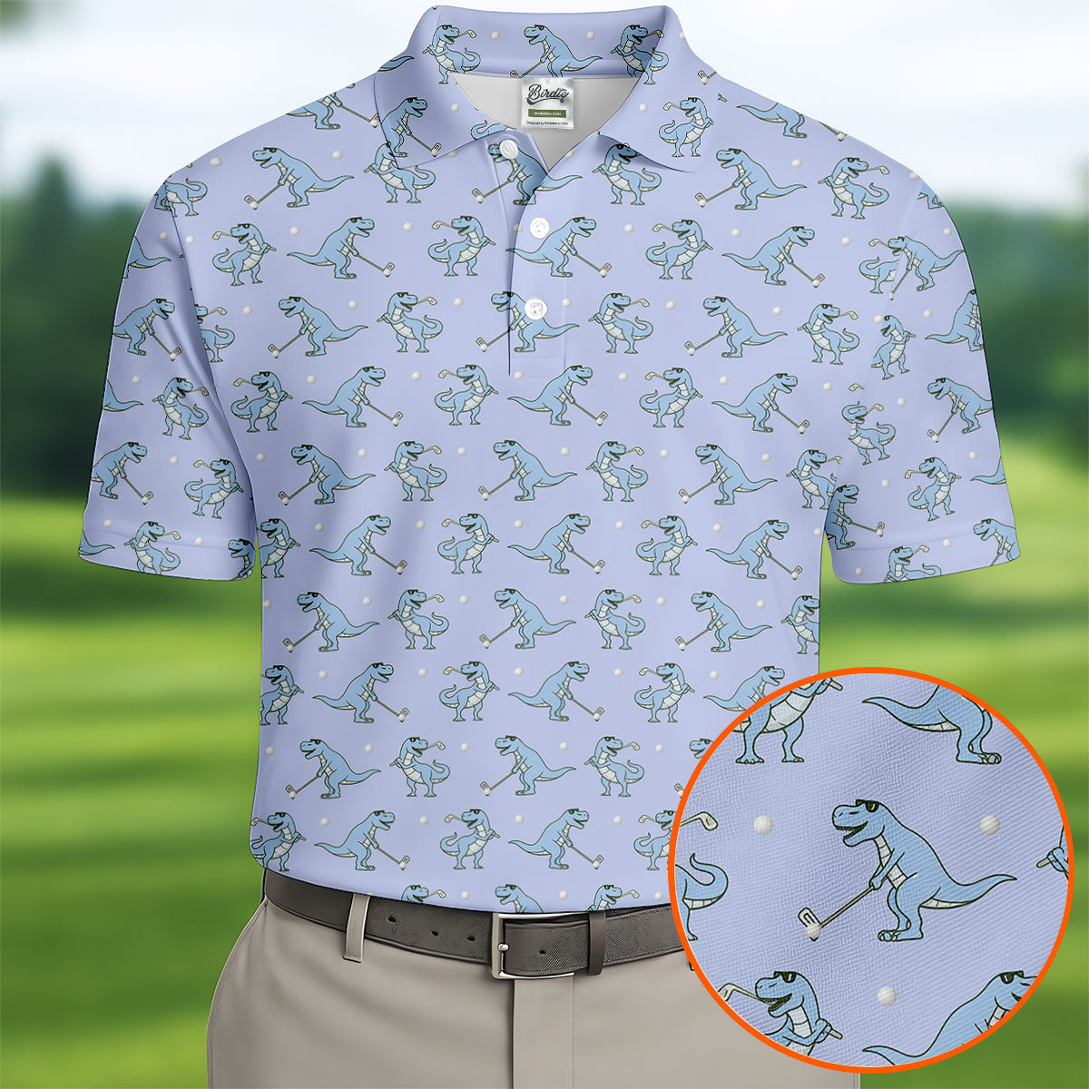 Blue T-Rex Dinosaur Golfer Pattern Golf Polo Shirt, Men's Golf Shirt, Mens Golf Polo