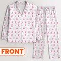 Breast Cancer Pink Ribbon With Golf Pattern Long Pajama Set, White Satin Pajama Set