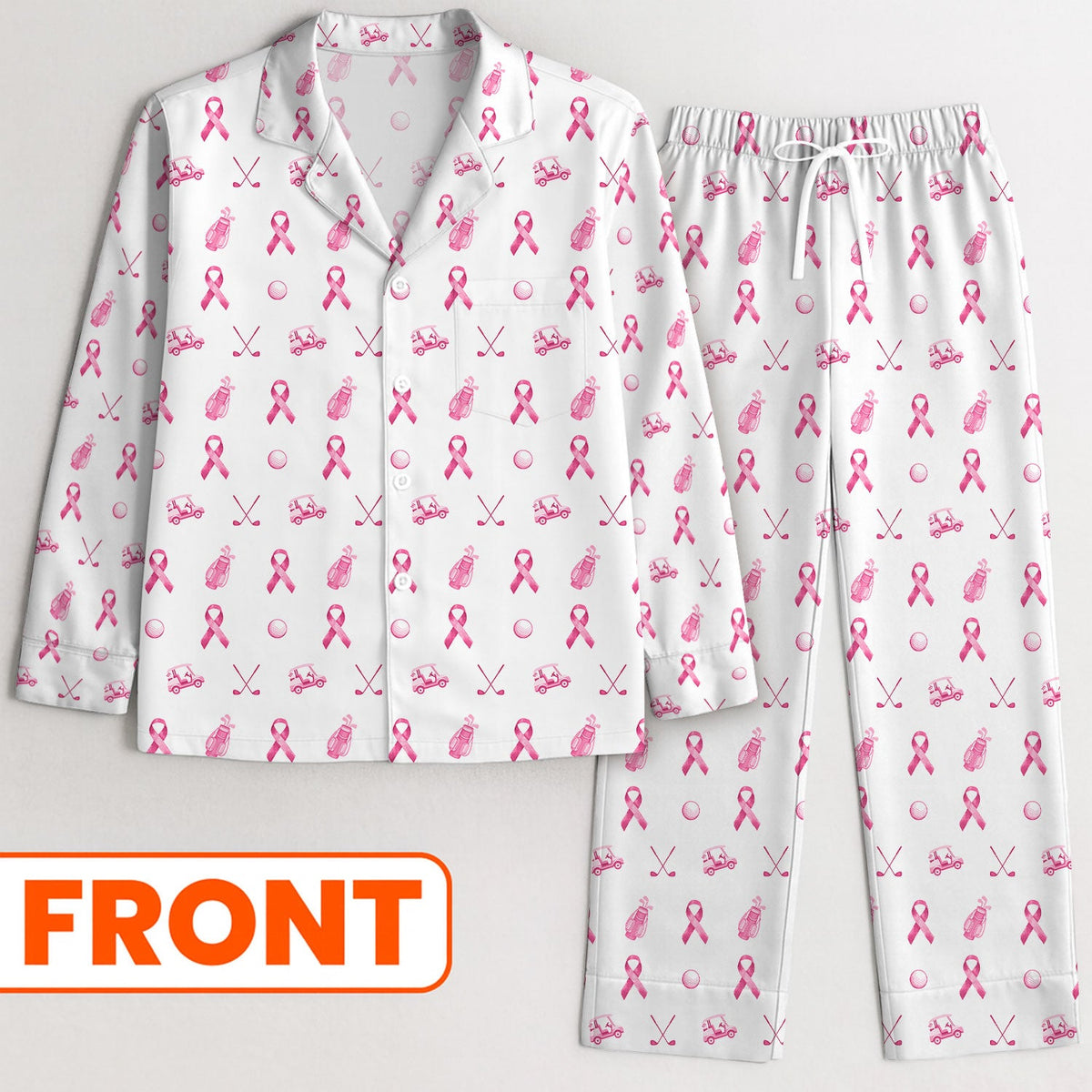 Breast Cancer Pink Ribbon With Golf Pattern Long Pajama Set, White Satin Pajama Set
