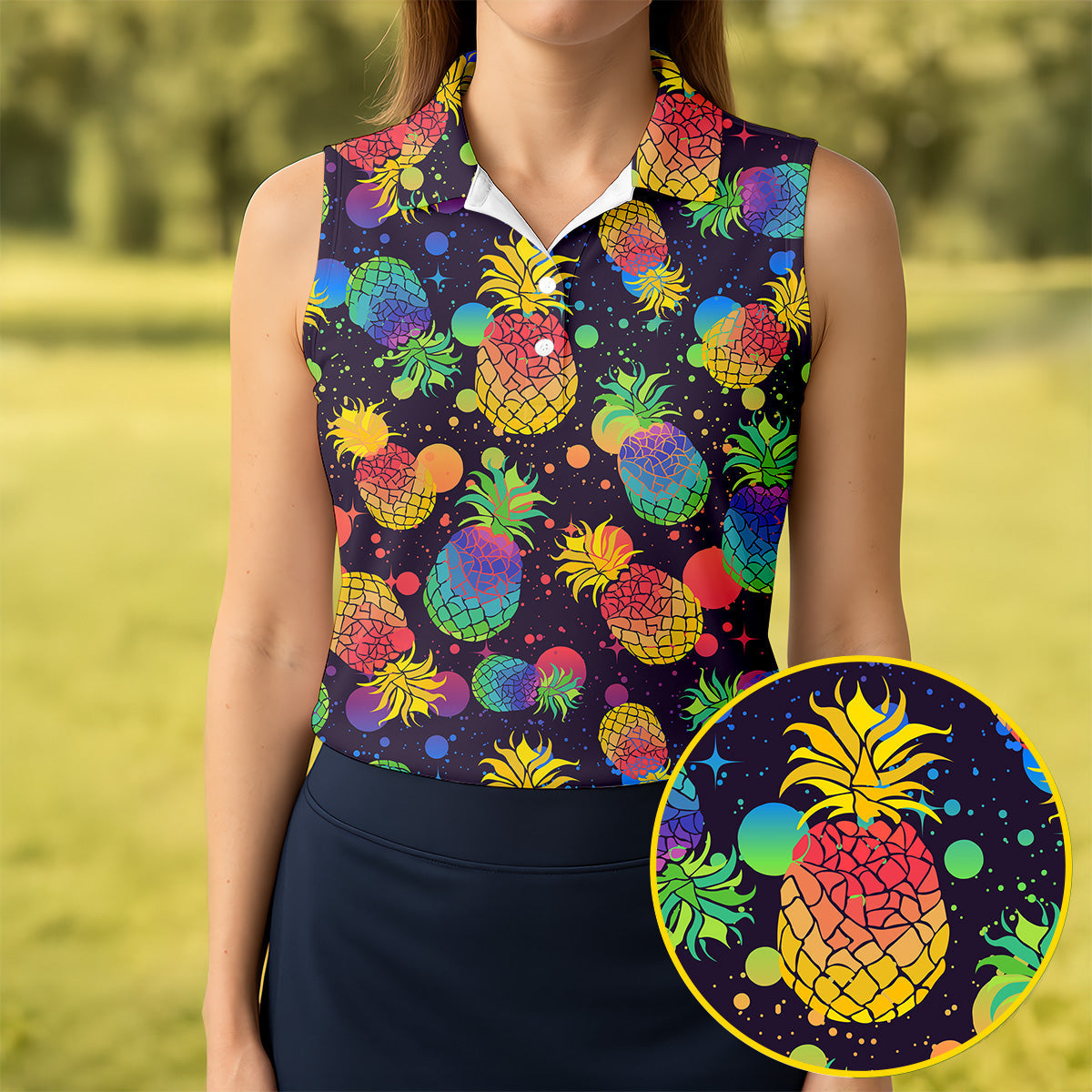 Colorful Pineapple Sleeveless Golf Shirt, Cute Golf Outfit, Women's Golf Shirt, Golf Polo For Women