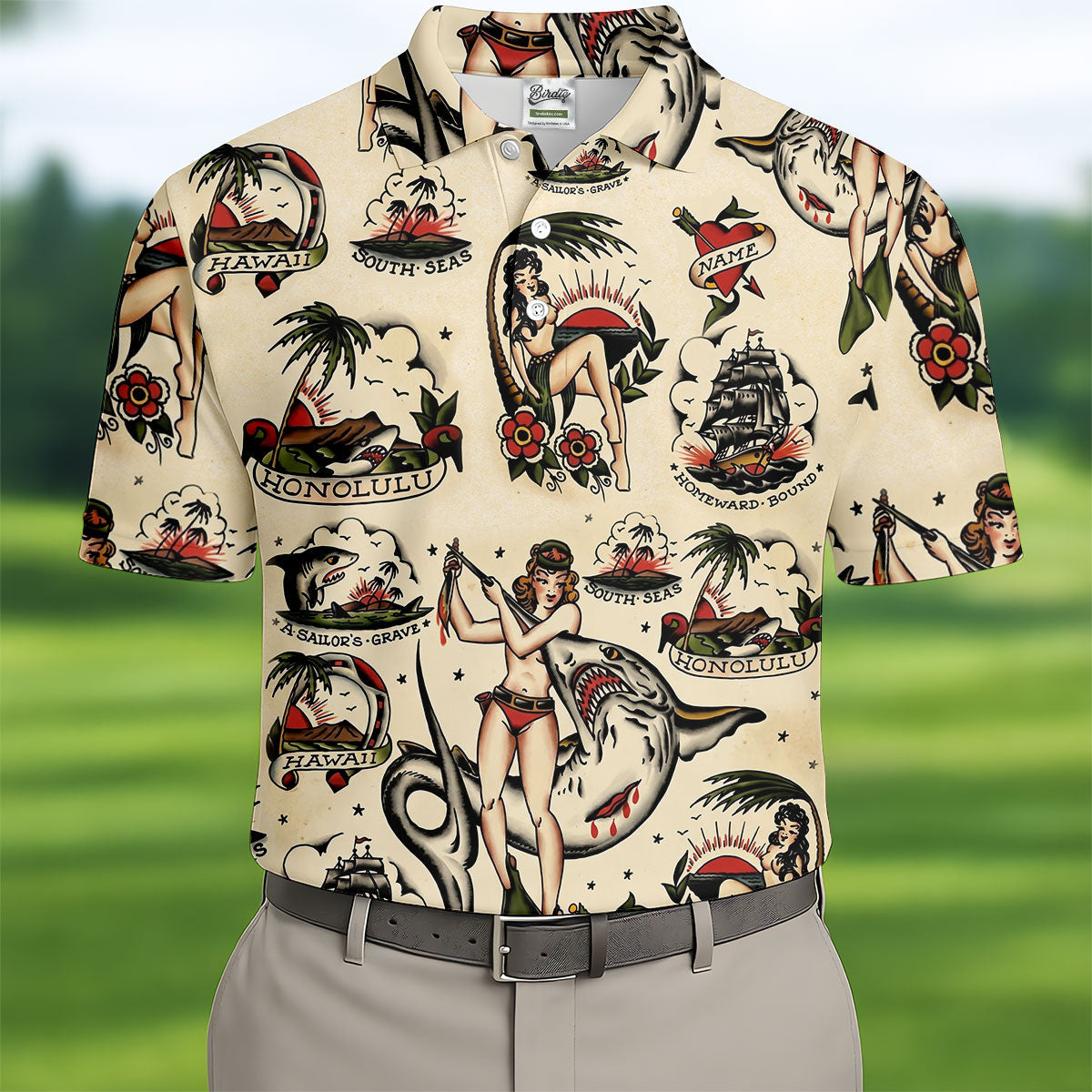 Vintage Hawaiian Pin Up Shark Tattoo Golf Shirt, Hawaiian Golf Shirt, Mens Golf Apparel