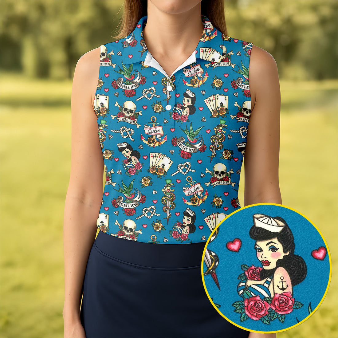 Tattoo Blue Sailor Tattoo Flash Pattern Hawaiian Golf Shirt, Women's Golf Tops, Ladies Golf Shirts