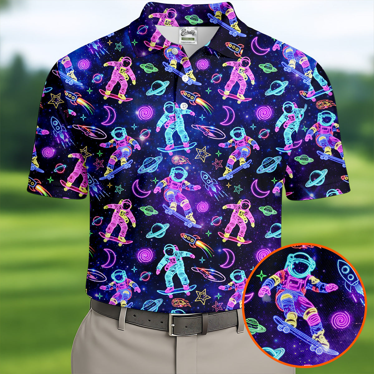 Neon Astronaut Skateboarding Galaxy Polo Shirt, Mens Golf Shirts, Golf Polo Shirts For Men, Printed Golf Shirts