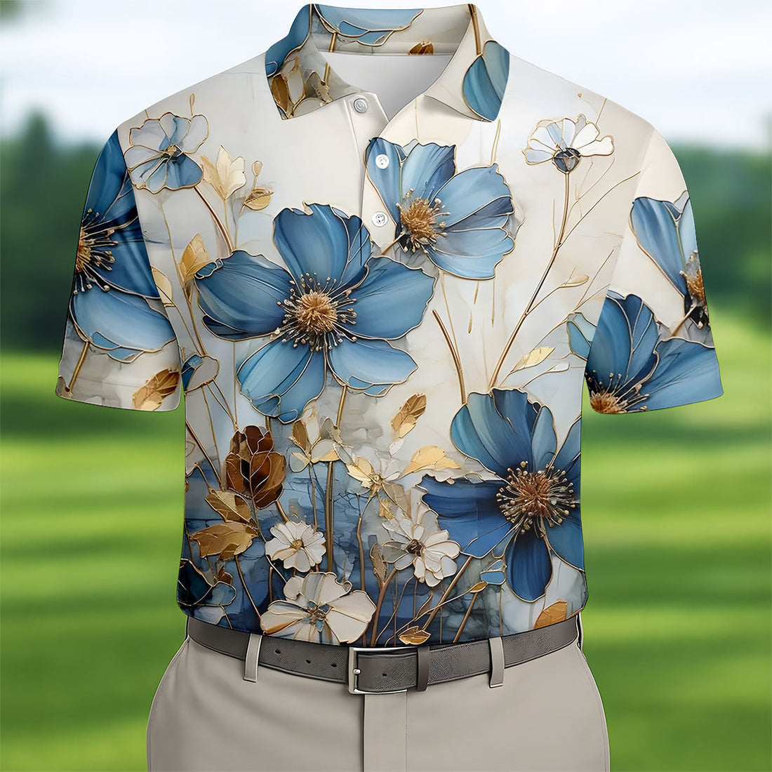 Blue And Gold Botanical Floral Hawaiian Golf Shirt, Men's Golf Shirt, Polo Shirts For Men