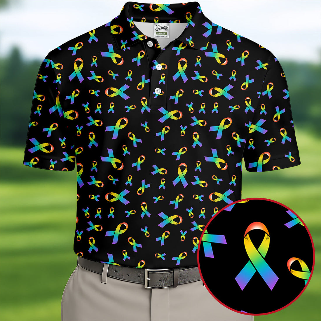 Rainbow Awareness Ribbon Cancer Polo Shirt, Men's Golf Shirt, Printed Golf Shirts, Cancer Awareness Shirt
