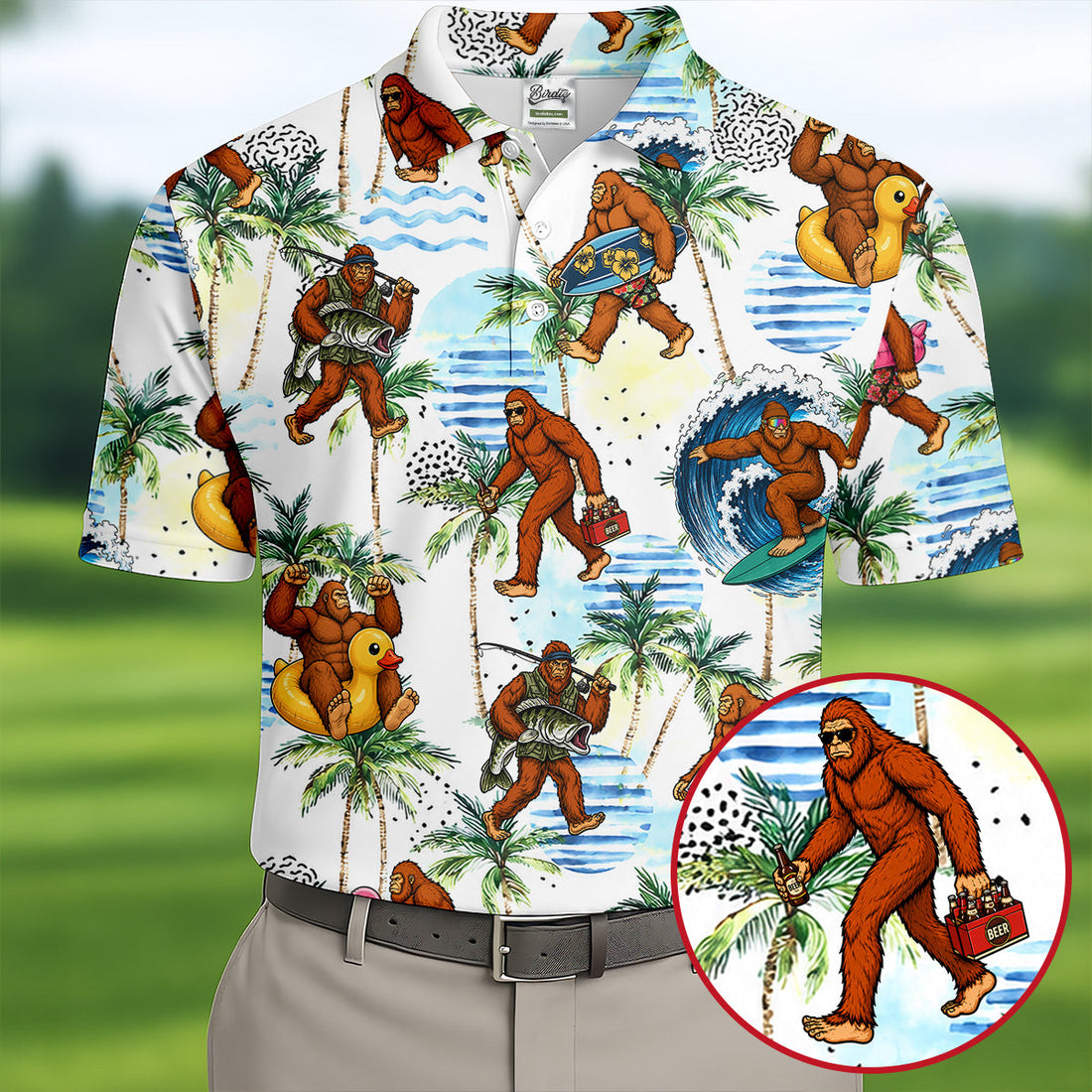Tropical Bigfoot Surfing Fishing Beach Golf Shirt, Hawaiian Golf Shirt, Golf Apparel For Men, Mens Golf Shirts