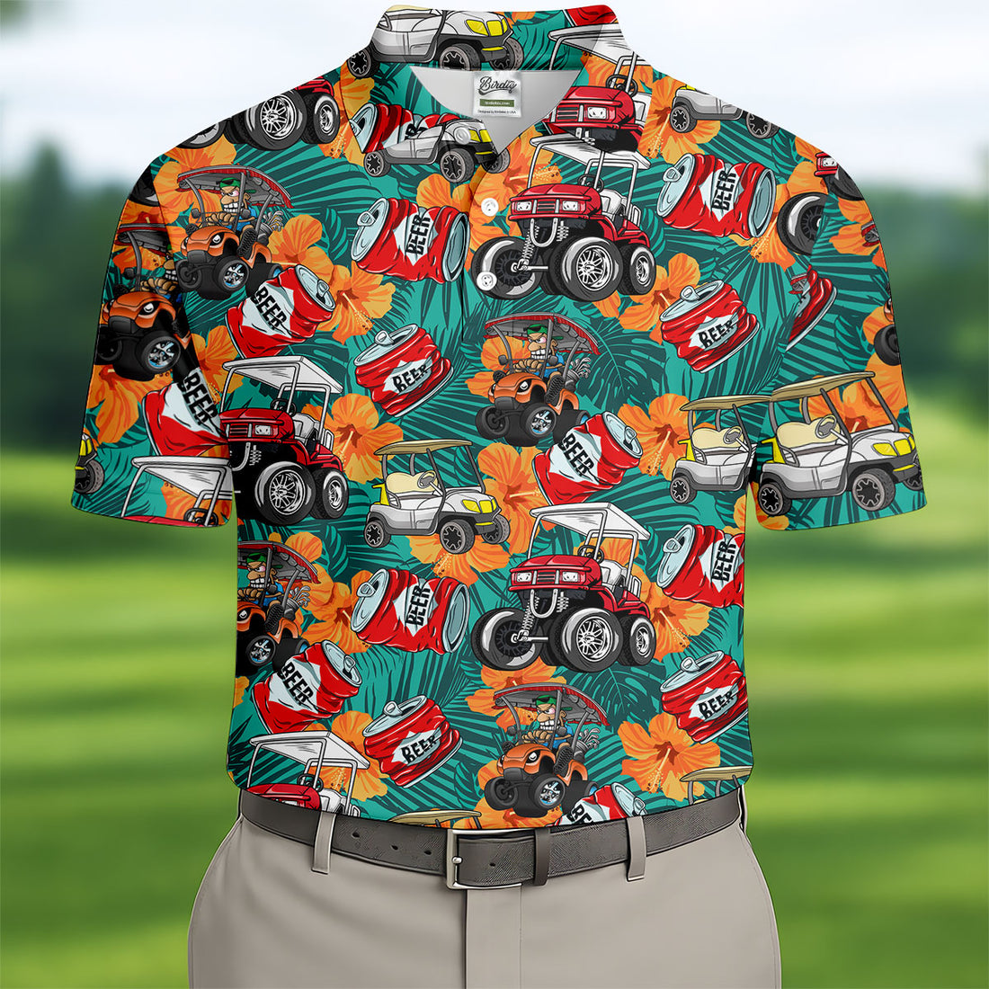 Beer Cart Golf Hawaiian Golf Shirt, Tropical Floral Men's Golf Shirt, Polo Shirts For Men