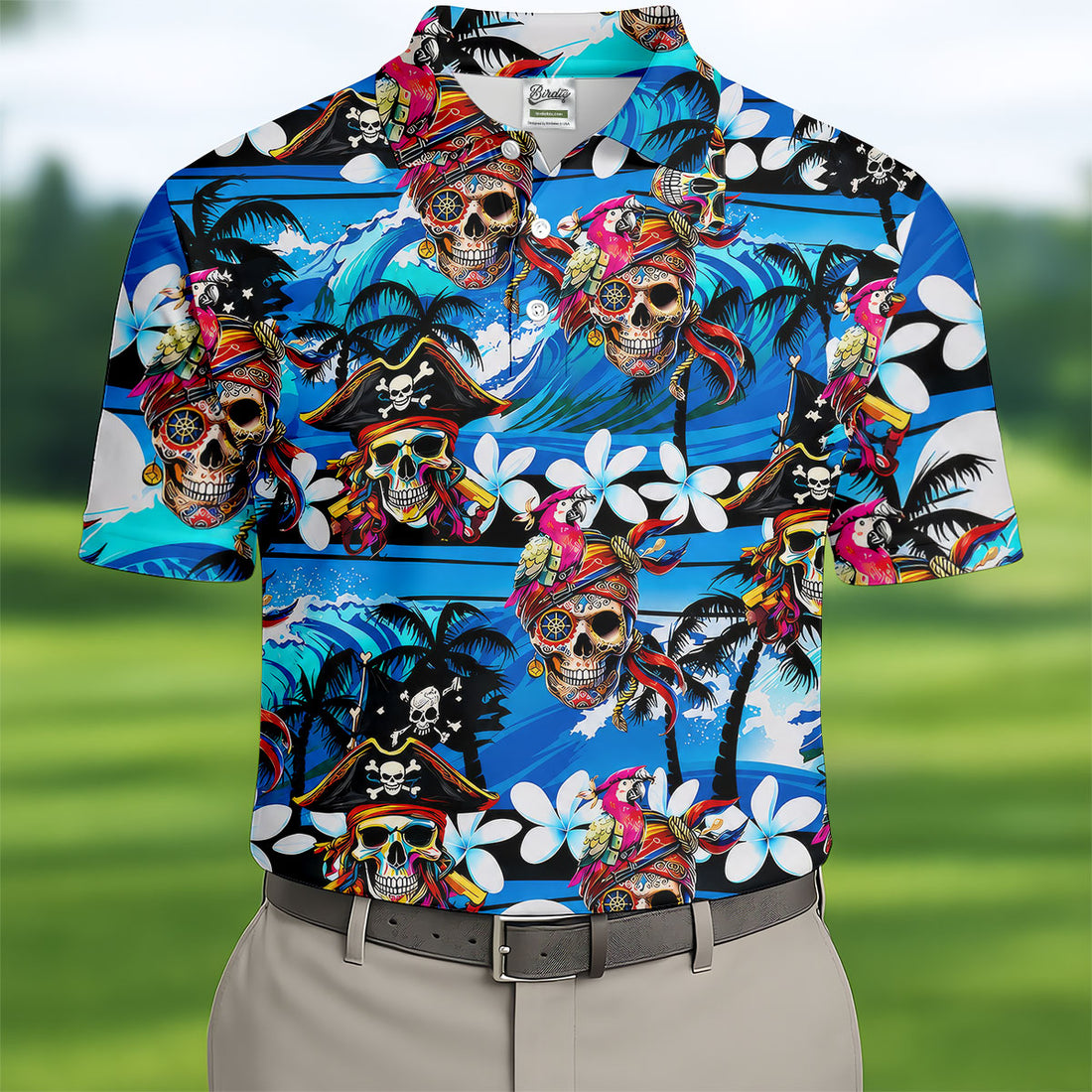Pirate Skull Tropical Theme Hawaiian Golf Shirt, Fun Halloween Men's Golf Shirt, Polo Shirts For Men