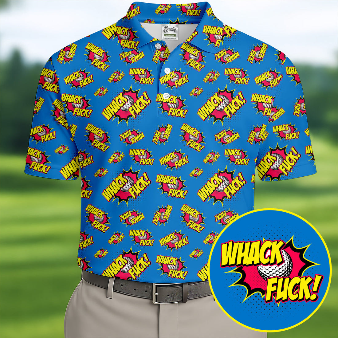Whack F*ck Comic Golf Ball Pattern Golf Shirt, Men's Golf Shirt, Golf Apparel For Men