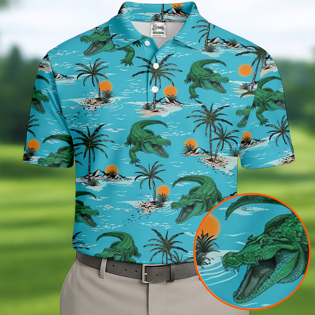 Tropical Alligators on Island Beaches Design Hawaiian Golf Polo, Golf Tops For Men, Golfing Apparel
