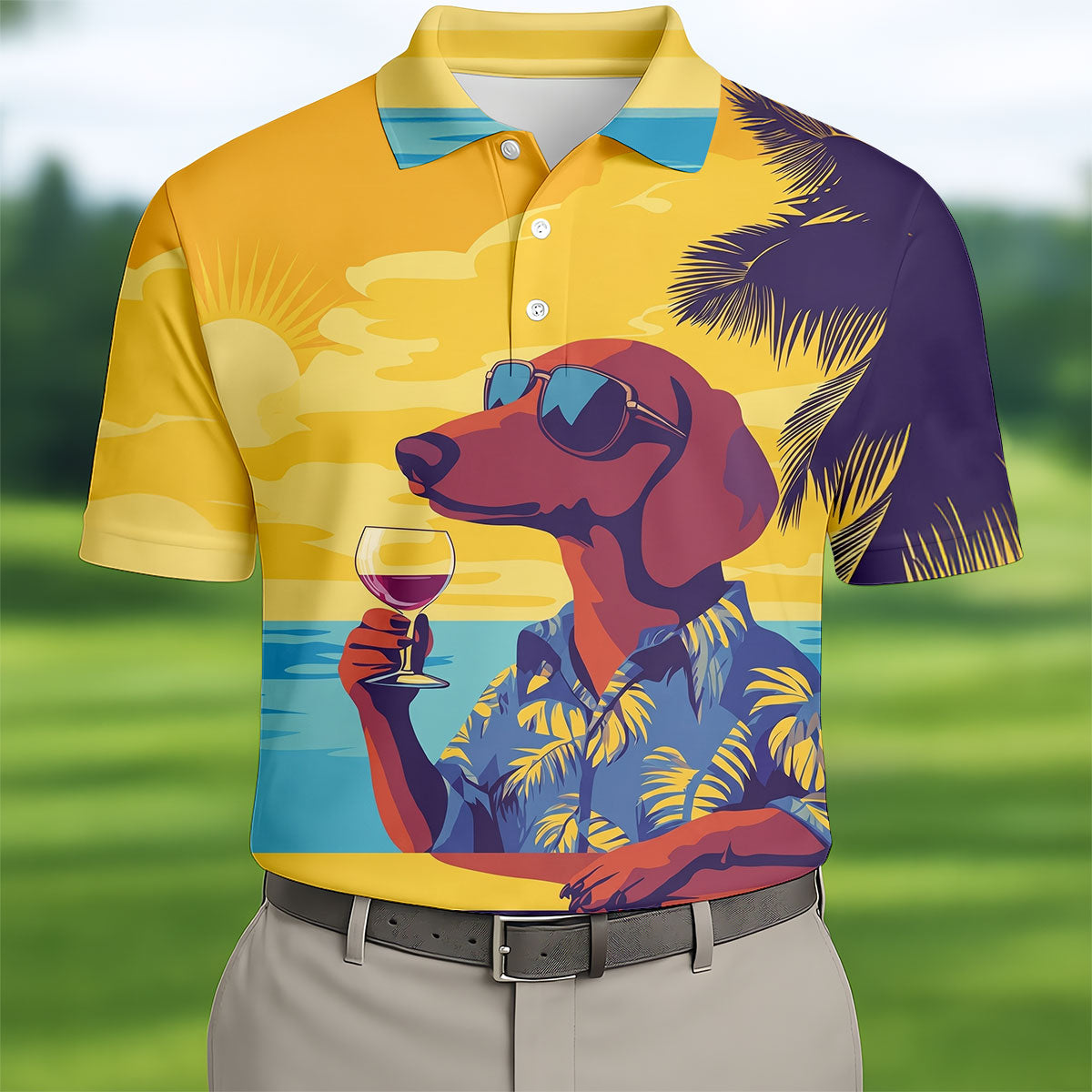 Funny Dachshund Beach Men's Polo Shirt, Hawaiian Golf Polo, Cool Golf Gifts, Unique Gift For Golfer
