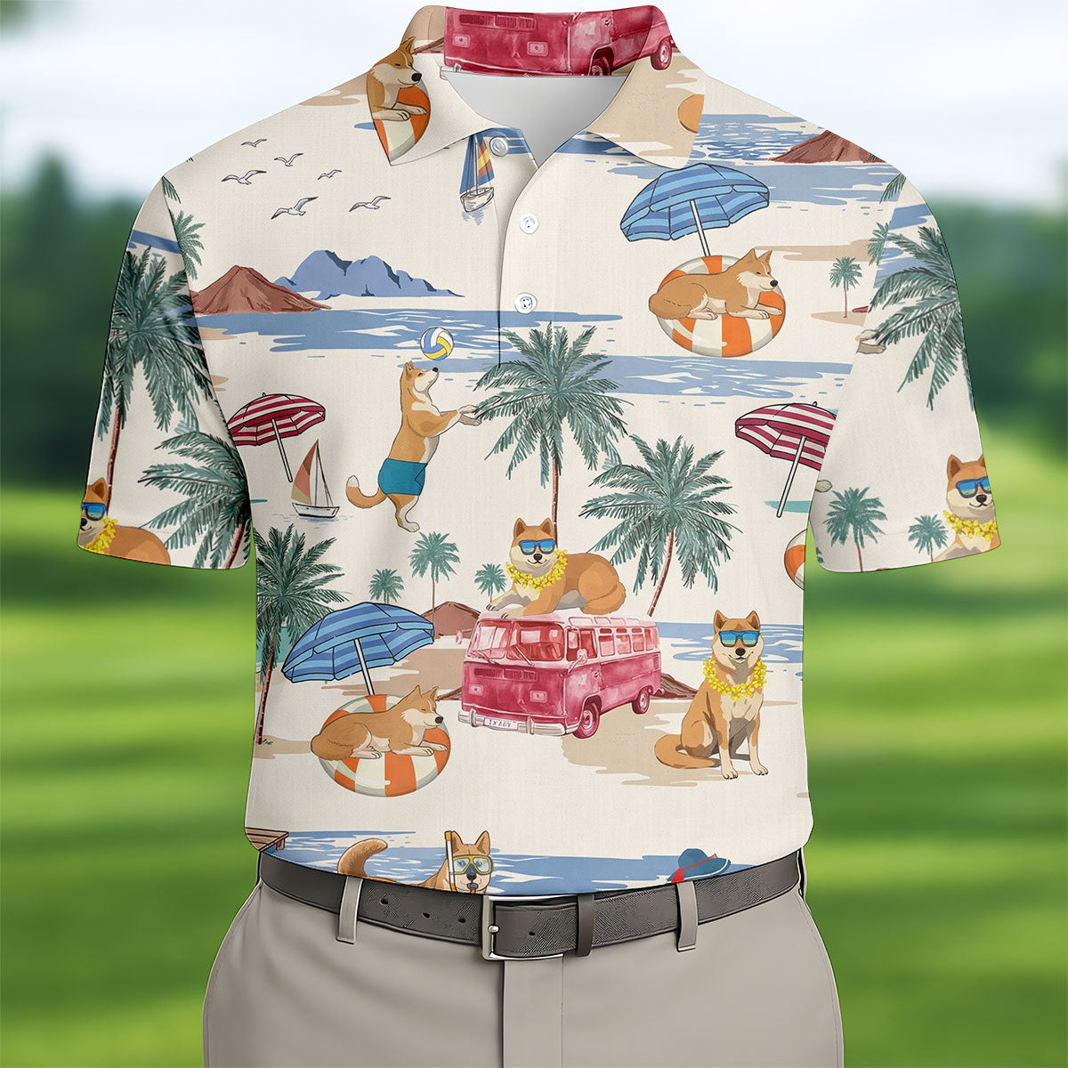 Tropical Shiba Inu Beach Pattern Hawaiian Golf Polo, Golf Tops For Men, Golfing Apparel