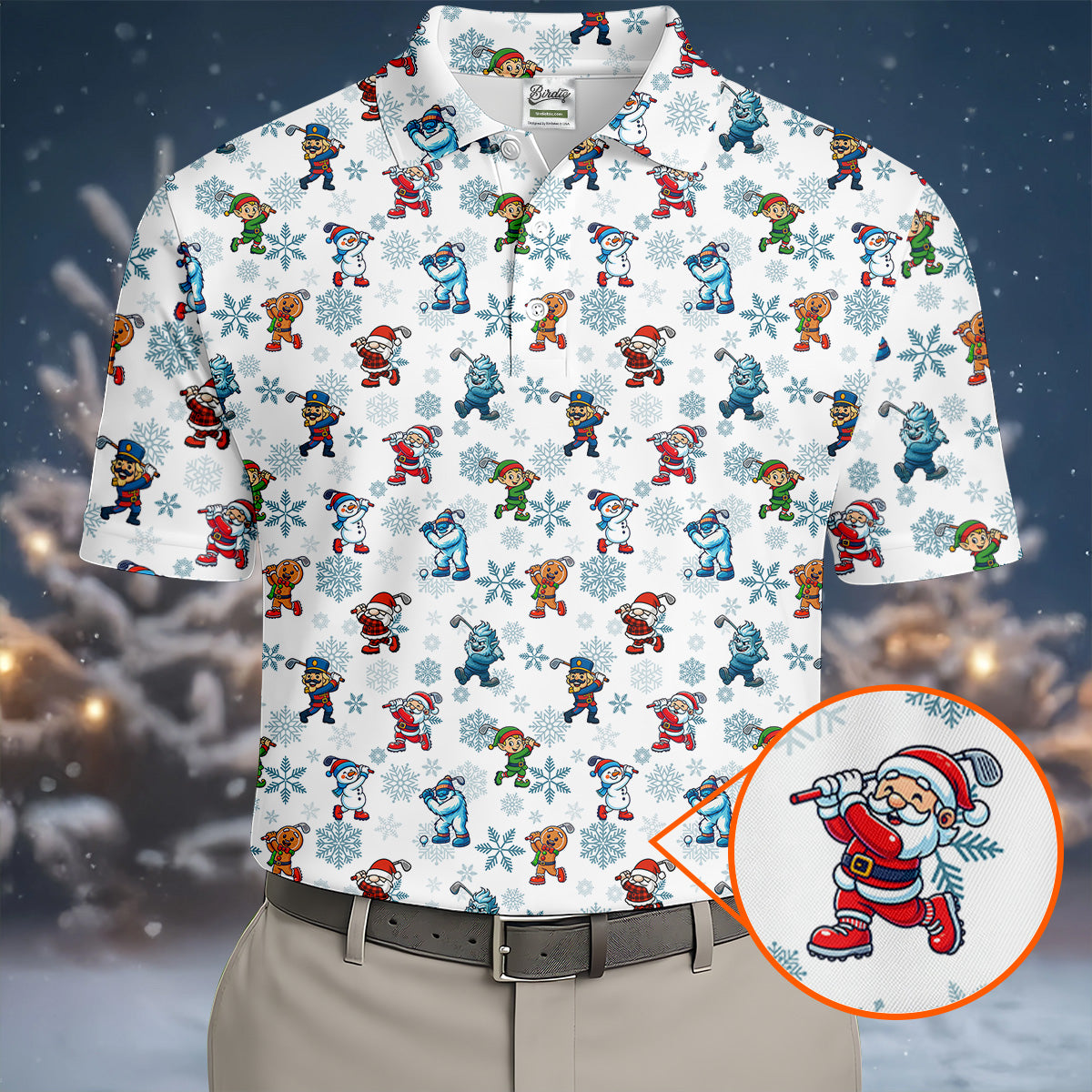 Christmas Characters Golf Pose Men's Funny Golf Shirts, Christmas Golf Shirt, Polo Shirts For Men