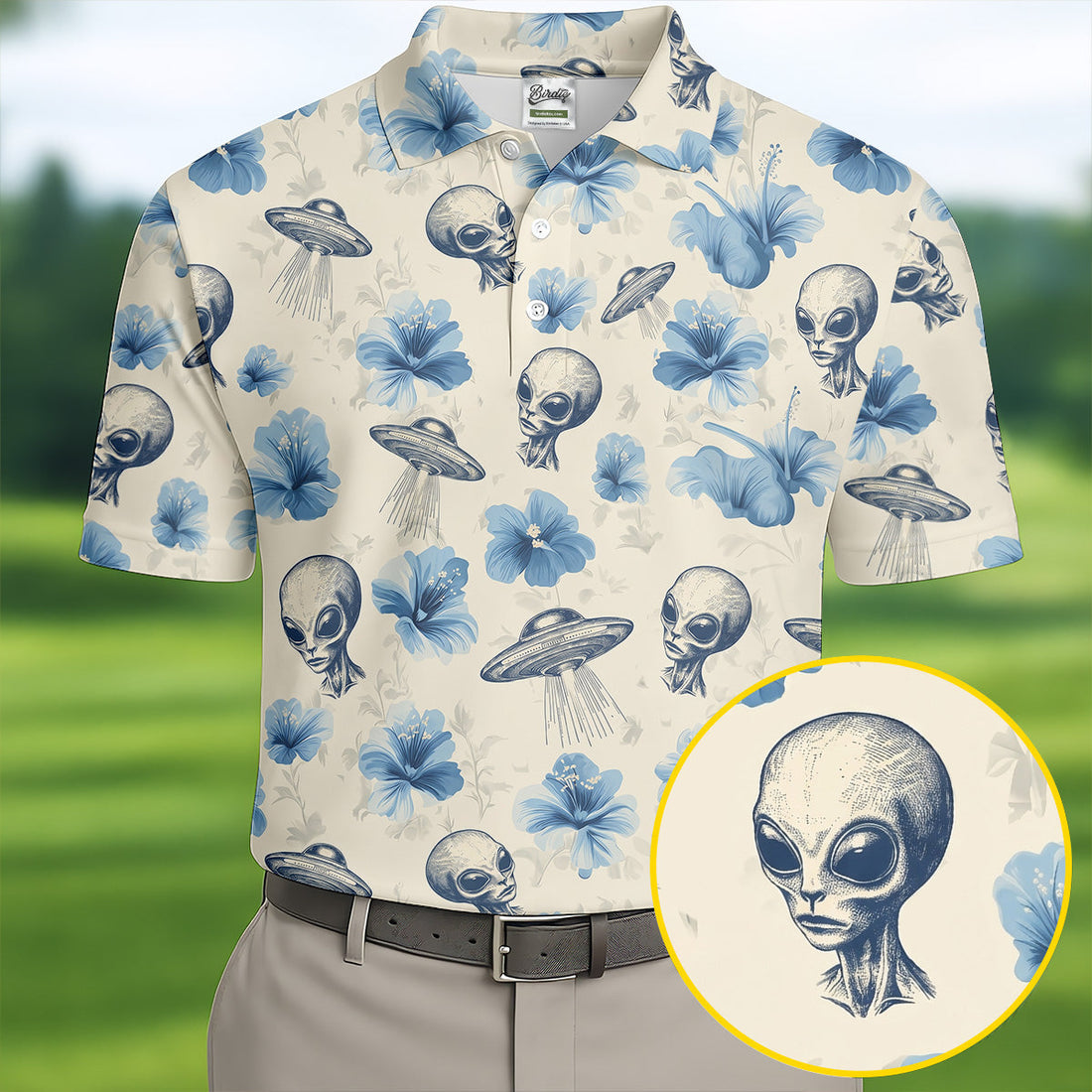 Funny Alien Blue Hibicus Tropical Theme Hawaiian Golf Shirt, Polo Shirts For Men, Golfing Apparel