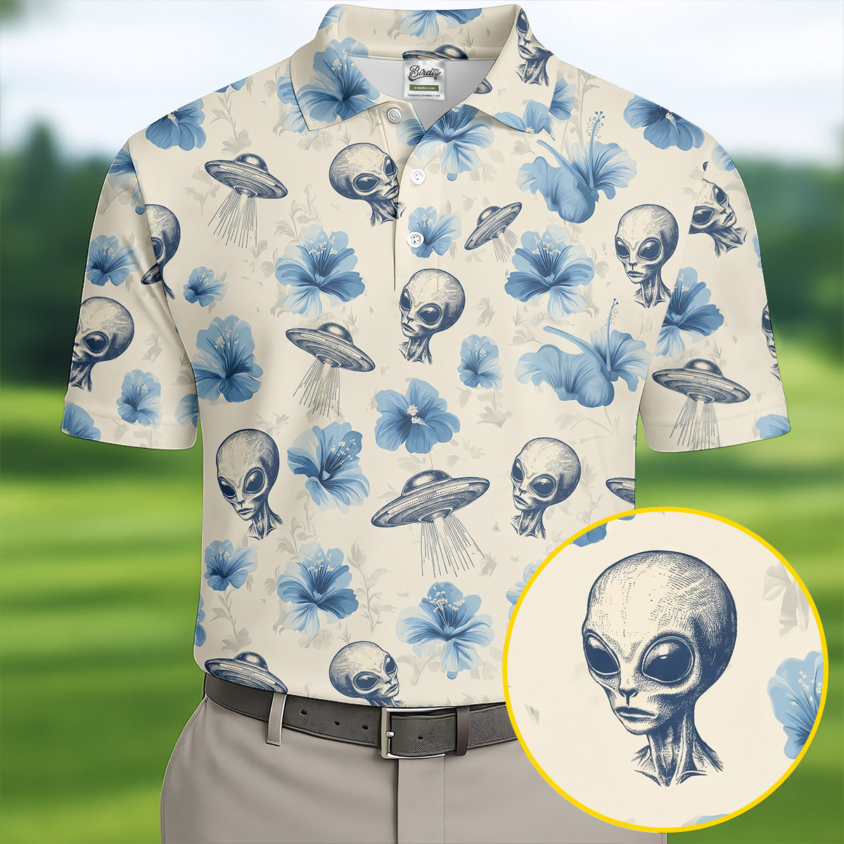 Funny Alien Blue Hibicus Tropical Theme Hawaiian Golf Shirt, Polo Shirts For Men, Golfing Apparel