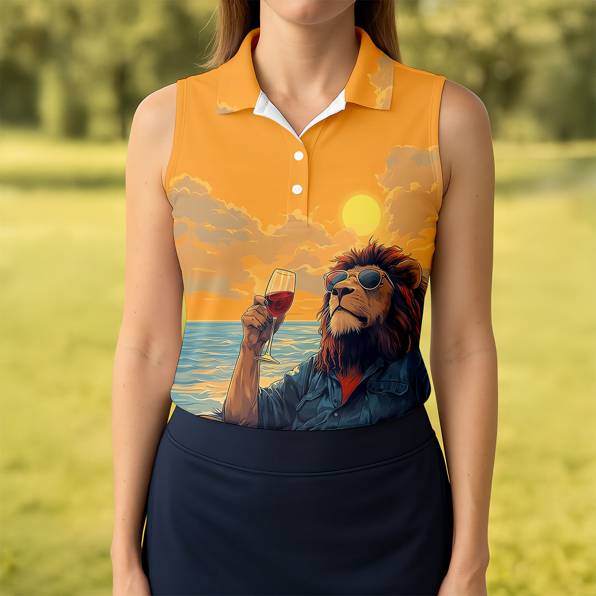 Lion Gentleman Sunset Reserve Hawaiian Golf Shirt, Women's Golf Tops, Ladies Golf Shirts
