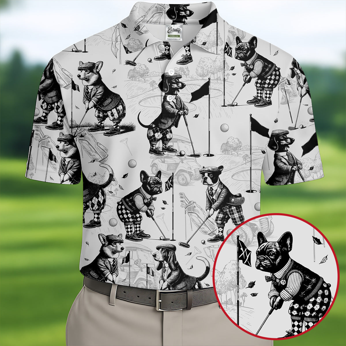 Vintage Golfing Dogs Pattern Golf Polo Shirt, Mens Golf Shirts, Golf Apparel For Men