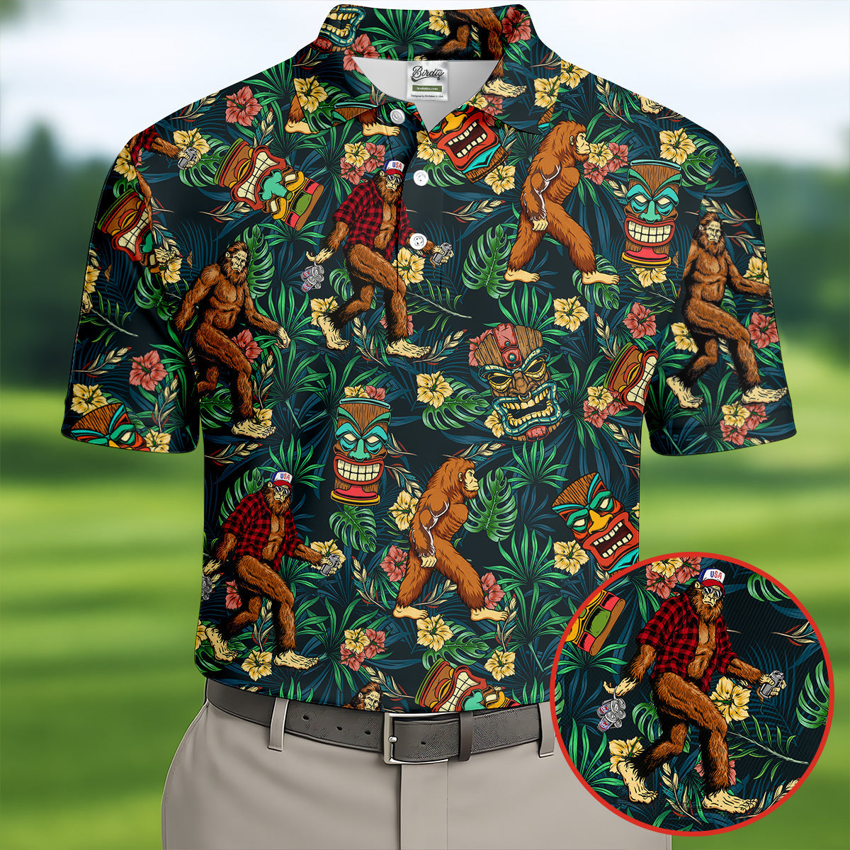 Bigfoot Tropical Tiki Resort Pattern Design Hawaiian Golf Polo, Golf Tops For Men, Golfing Apparel