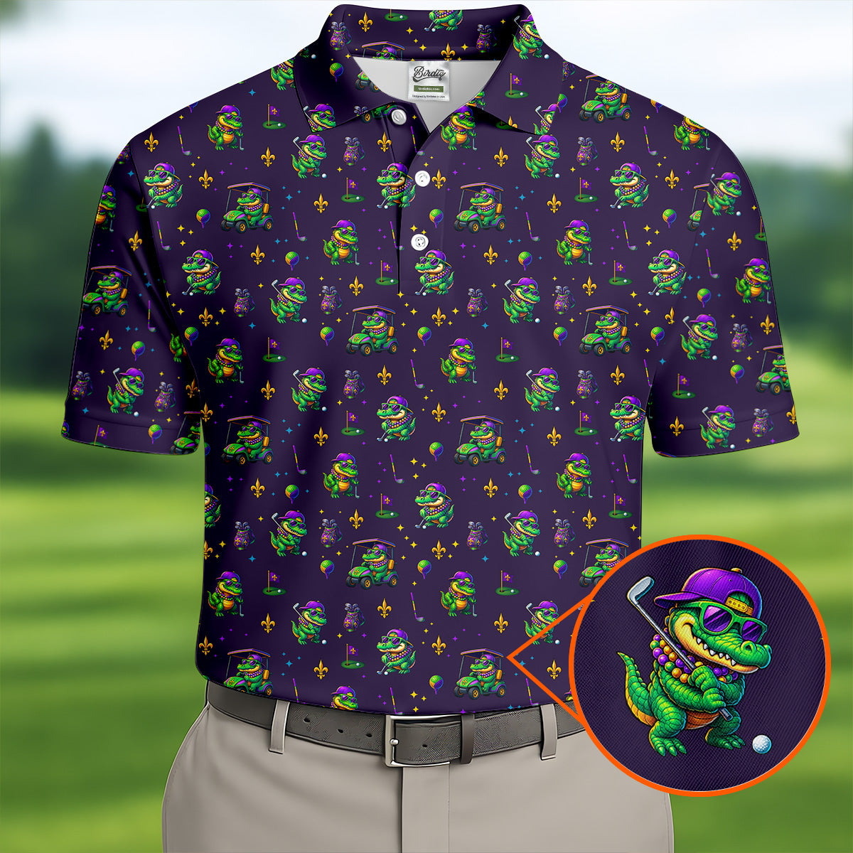 Funny Crocodile Mardi Gras Golf Shirts, Purple Golf Shirt, Golf Gift For Men, Golf Shirts For Men