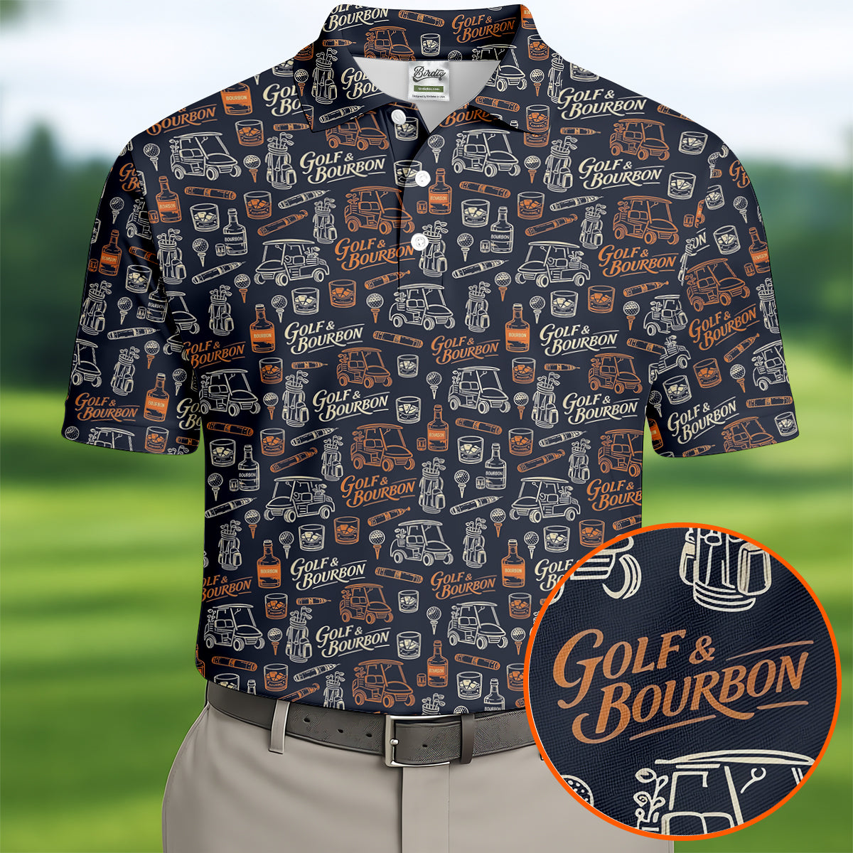 Funny Golf Bourbon Cigar Pattern Polo Shirt, Golf Polo Shirts For Men, Mens Golf Apparel