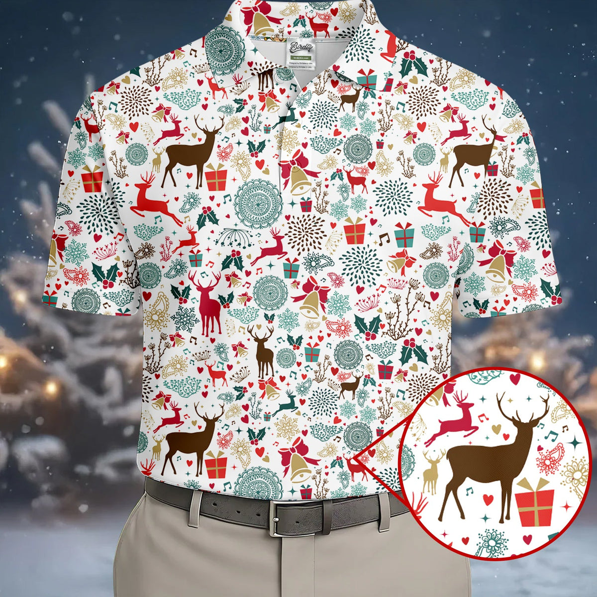 Vintage Reindeer White Christmas Golf Tops For Men, Gift Christmas Golf Shirt Polos, Men Golf Apparel