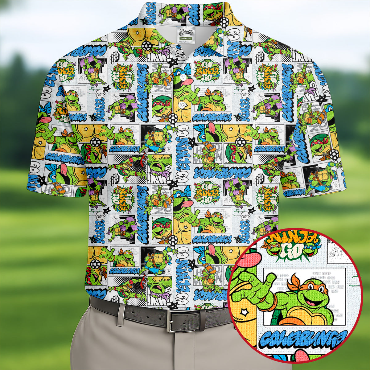 Funny Ninja Turtle Comic Hawaiian Golf Shirt, Mens Golf Polo, Golf Apparel For Men