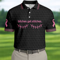 Bitches Get Stitches Breast Cancer Polo Shirt, Golf Shirts For Men, Mens Golf Apparel