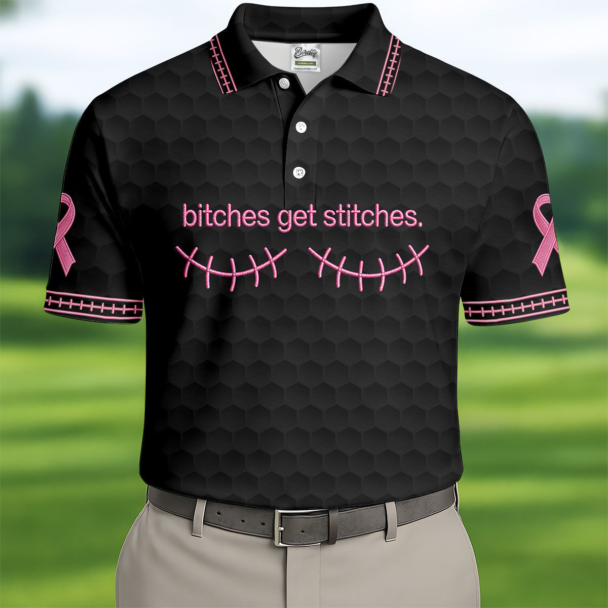 Bitches Get Stitches Breast Cancer Polo Shirt, Golf Shirts For Men, Mens Golf Apparel