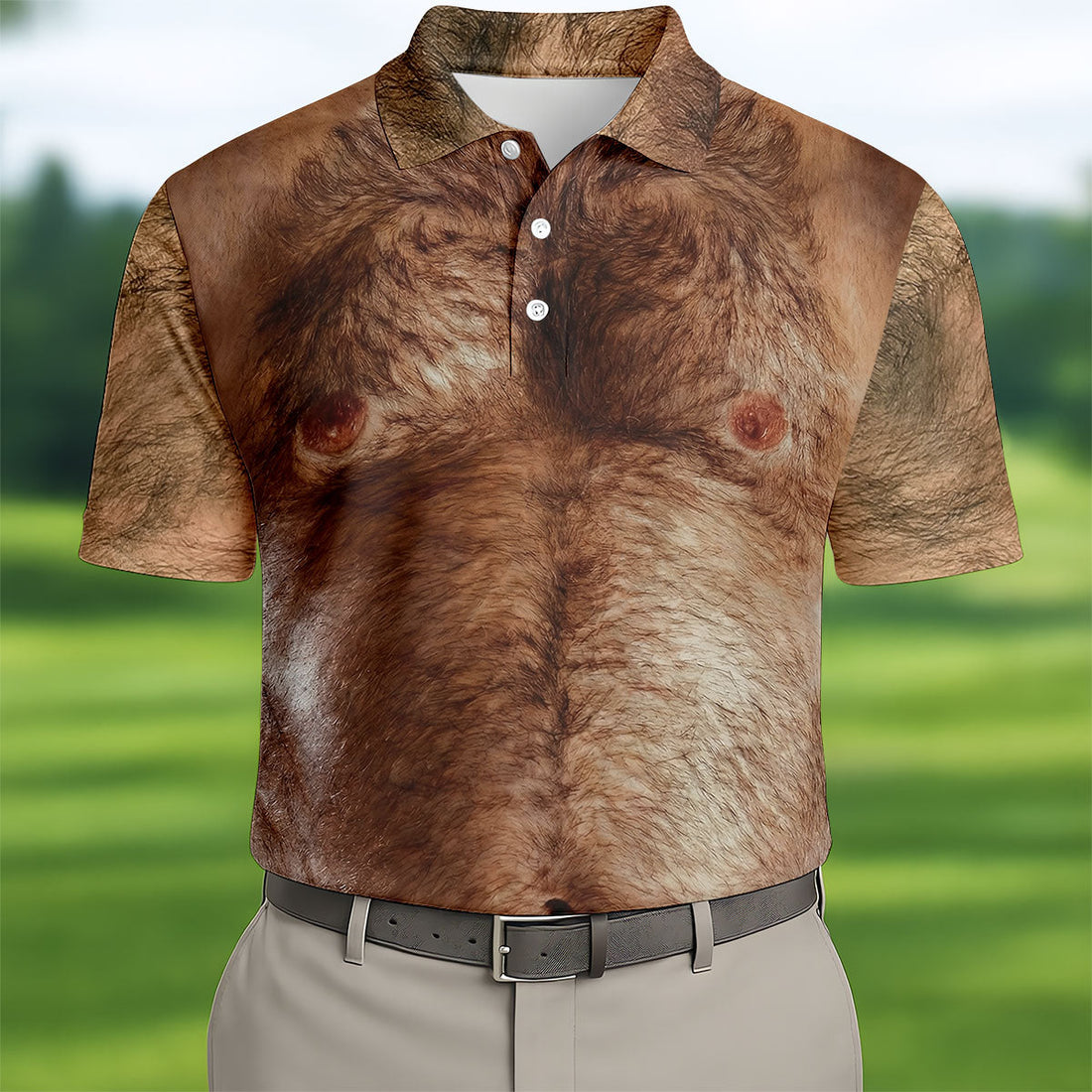 Realistic Hairy Chest and Back Body Hawaiian Golf Polo, Golf Tops For Men, Golfing Apparel